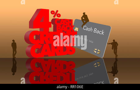 Cash Back Belohnung Kreditkarten ist das Thema dieses Bild von riesigen Buchstaben und kleine Leute an einem öffentlichen Ort. Dies ist eine Abbildung. Stockfoto