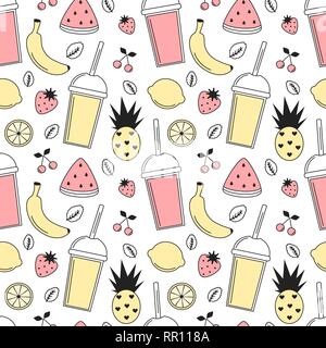 Süße Sommer Schwarz, Weiß, Rosa und Gelb nahtlose Vektor Muster Hintergrund Abbildung mit Smoothies und frisches Obst. Stock Vektor