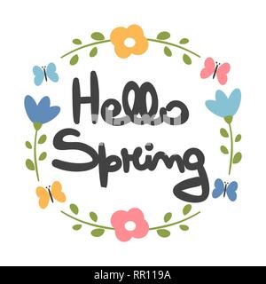Süße Hand gezeichnet Schriftzug Hallo Frühling Vektor Karte mit Blumen und Schmetterlingen Stock Vektor