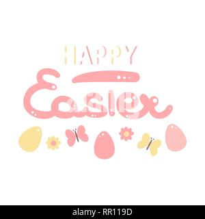 Bunte Hand gezeichnet Schriftzug frohe Ostern Vektor Karte mit Eiern, Schmetterlinge und Blumen Stock Vektor