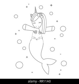 Cute cartoon schwarze und weiße Einhorn Meerjungfrau im Meer Vector Illustration für die Einfärbung von Kunst Stock Vektor