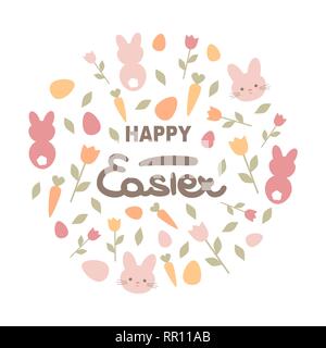 Cute cartoon Vektor Kreis Vorlage mit handgezeichneten Schriftzug frohe Ostern Text, Hasen, Möhren, Eier, Blumen und Blätter Stock Vektor