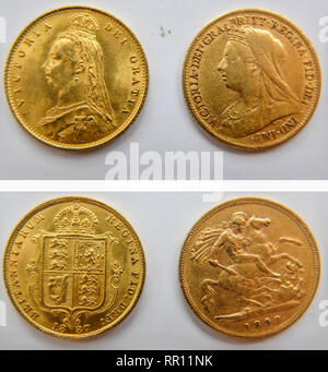 Victorian gold Hälfte souverän Münzen, 1887 und 1899, während der Herrschaft von Königin Victoria produziert. Stockfoto