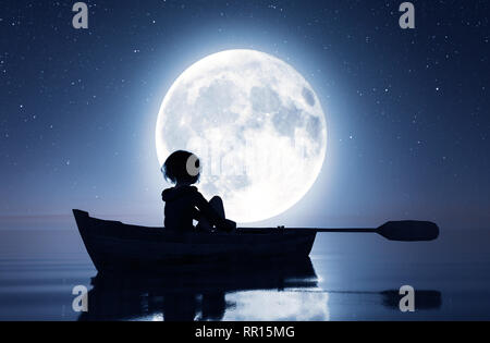 Mädchen in der Zeile Boot auf dem Meer im Mondlicht, 3D-Rendering Stockfoto