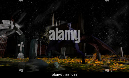 Der gefallene Engel des Todes in einem gruseligen Friedhof bei Nacht - 3D-Rendering Stockfoto