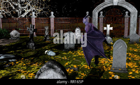 Der gefallene Engel des Todes in einem gruseligen Friedhof bei Nacht - 3D-Rendering Stockfoto