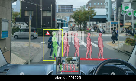 Smart künstliche Intelligenz in autonomen Auto mit selbst Fahrer Technologiekonzept, mit dem Auto die Vorhersage der Fussgängerzone Bewegung in 3D für Fahrerlose Stockfoto