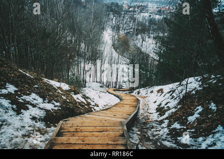 Hölzerne Treppe im verschneiten Wald. Blick vom höchsten Punkt Stockfoto