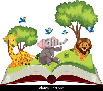 Wilde Tiere auf Open Book illustration Stock Vektor
