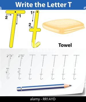 Buchstaben T tracing Alphabet Arbeitsblätter Abbildung Stock Vektor