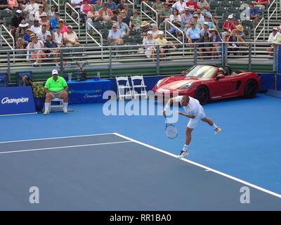 Delray Beach, Florida/USA, 24. Februar 2019: Daniel Evans spielt Tennis am Delray Strand geöffnet, Feb 24, 2019 Stockfoto