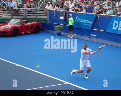 Delray Beach, Florida/USA, 24. Februar 2019: Daniel Evans spielt Tennis am Delray Strand geöffnet, Feb 24, 2019 Stockfoto