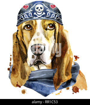 Süßer Hund. T-shirt Grafiken. Aquarell Basset Hound tragen Biker Bandana Stockfoto