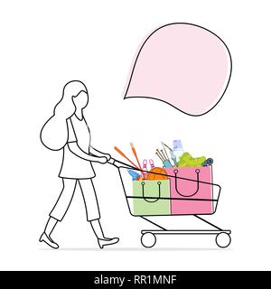 Vector Illustration mit Frau trägt einen Warenkorb mit gekauften Ware aus dem Store. Mädchen, shopping. Große Verkaufs- und Shopping Konzept. Stock Vektor