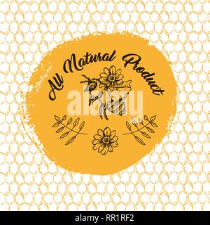 Honey Bee, Skizze Logo Design mit Wabenmuster. Jahrgang Hand gezeichnet isoliert Abbildung mit handgefertigten Schriftzug. Stock Vektor