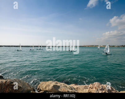 Vilamoura, Portugal - Feb 20, 2019: Internationale Segler im Wind segeln Boote in der Marina von Vilamoura, Portugal Stockfoto