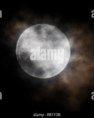 Voll super Schnee Mond steigt durch Wolken über Rocky Mountains, Salida, Colorado, USA Stockfoto