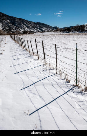 Stacheldraht zaun wirft Schatten auf Neuschnee; Vandaveer Ranch; Salida, Colorado, USA Stockfoto
