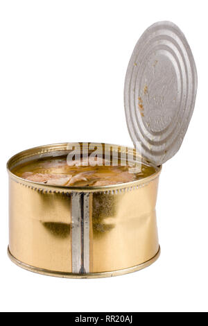 Öffnen Blechdose mit Fisch Sardinen auf weißem Hintergrund Stockfoto