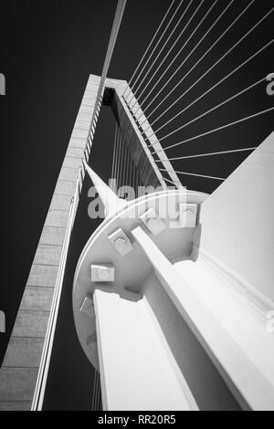 Schwarze und weiße Nahaufnahme Fotos der Arthur Ravenel Bridge in Charleston, South Carolina Stockfoto