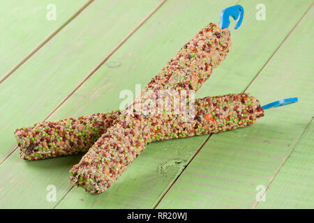 Futter für Papageien auf einem Stick grün Holz- Hintergrund Stockfoto