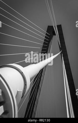 Schwarze und weiße Nahaufnahme Fotos der Arthur Ravenel Bridge in Charleston, South Carolina Stockfoto