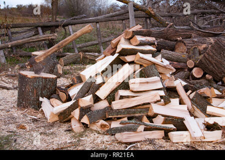 Stapel von Brennholz mit Ax. Vorbereitung für den Winter im Dorf Stockfoto