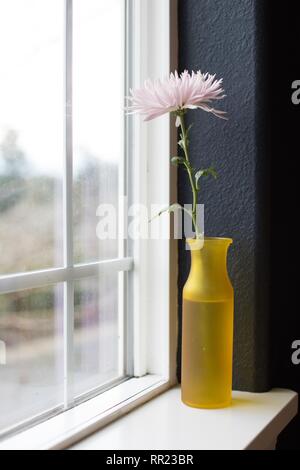 Eine rosa Blume in gelber Vase auf dem Fensterbrett. Stockfoto