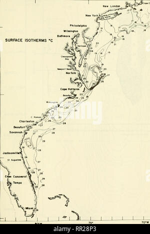 . Antenne ozeanographische Beobachtungen, Cape Cod, Massachusetts nach Miami, Florida: Juli 1969 - Juni 1970. Ozeanographie - Atlantikküste (U. S.); die Temperatur der Ozeane - Atlantikküste (U. S.); die Temperatur der Ozeane - Messung; Strahlung - Messung. N" "London Co^Cod Phlladolphlo Wilmington Battlmor * OBERFLÄCHE ISOTHERMEN "C. Chor Beoufoft Sovonnah; 3 100 "i1 L 40^35 * 30 * 25 * N80 * W Fif (urf/&gt;.- Moiillily - iiirfarr iMillK-Rni rliart. Jiiiir 16. 17. I'*. 22, 23. 1970. 21. Bitte beachten Sie, dass diese Bilder aus gescannten Seite Bilder, die digital für readab gesteigert wurden extrahiert werden Stockfoto