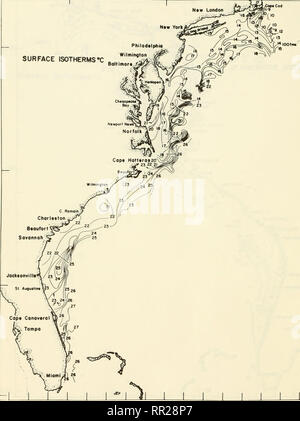 . Antenne ozeanographische Beobachtungen, Cape Cod, Massachusetts nach Miami, Florida: Juli 1969 - Juni 1970. Ozeanographie - Atlantikküste (U. S.); die Temperatur der Ozeane - Atlantikküste (U. S.); die Temperatur der Ozeane - Messung; Strahlung - Messung. N* " r London OBERFLÄCHE ISOTHERMEN • € Philodclphia Wilmington. 40*N Baaufort Sovonnoh 3 S'30 *eo* w75*ro*w Fifiure 14.- monatlich surfaoi - isotlirrm ihart. Mai 15. 18. 19. 27. 28-Juni 2. 1970. 25 * N20. Bitte beachten Sie, dass diese Bilder aus gescannten Seite Bilder, die digital für die Lesbarkeit verbessert haben mögen - Färbung und das Aussehen von t extrahiert werden Stockfoto