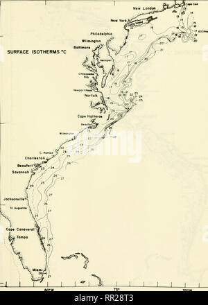 . Antenne ozeanographische Beobachtungen, Cape Cod, Massachusetts nach Miami, Florida: Juli 1969 - Juni 1970. Ozeanographie - Atlantikküste (U. S.); die Temperatur der Ozeane - Atlantikküste (U. S.); die Temperatur der Ozeane - Messung; Strahlung - Messung. Oberfläche ISOTHERMEN 'C Philadelphia Wilmington Battimor*.  Ld 55 * 30 * 2'5''W so "w "W Fi^ ire 7.- monatlich surfarr ich! 44&gt; tliriii rhart. Ortiihcr 11 - 17, 20. W6*&gt;. 13. Bitte beachten Sie, dass diese Bilder extrahiert werden aus der gescannten Seite Bilder, die digital haben für die Lesbarkeit verbessert - Färbung und Aussehen dieser Abbildungen können nicht Pro Stockfoto