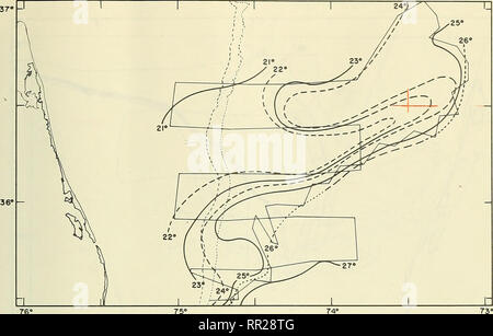 . Luftüberwachung der Golfstrom Phänomene Virginia Umhänge, Oktober 1968 - Mai 1969. Ozeanographie. 75° 74° Abb. 14. Oberfläche Isothermen 9. Oktober/{^/. u;-* eine 'iL 1 x Bitte beachten Sie, dass diese Bilder sind von der gescannten Seite Bilder, die digital für die Lesbarkeit verbessert haben mögen - Färbung und Aussehen dieser Abbildungen können nicht perfekt dem Original ähneln. extrahiert. Fisher, Alwan; Gotthardt, Gerald A. in Washington, D.C.: US Naval Oceanographic Office Stockfoto