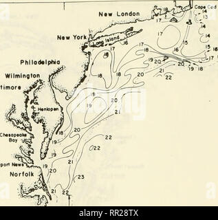 . Antenne ozeanographische Beobachtungen, Cape Cod, Massachusetts nach Miami, Florida: Juli 1969 - Juni 1970. Ozeanographie - Atlantikküste (U. S.); die Temperatur der Ozeane - Atlantikküste (U. S.); die Temperatur der Ozeane - Messung; Strahlung - Messung. Oberfläche ISOTHERMEN-'C* Ntwport Baltlmor PhllodalpNa Wilmington. 7 lOOfai Cap*Hott. ra* Wilmingtofu nicht geflogen. ChorUt Btaufor Sovonnah.. Bitte beachten Sie, dass diese Bilder aus gescannten Seite Bilder, die digital für die Lesbarkeit verbessert haben mögen - Färbung und Aussehen dieser Abbildungen können nicht perfekt die ursprüngliche w ähneln extrahiert werden Stockfoto