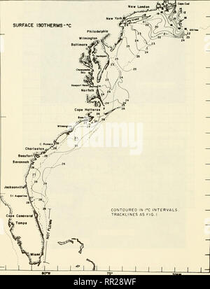 . Antenne ozeanographische Beobachtungen, Cape Cod, Massachusetts nach Miami, Florida: Juli 1969 - Juni 1970. Ozeanographie - Atlantikküste (U. S.); die Temperatur der Ozeane - Atlantikküste (U. S.); die Temperatur der Ozeane - Messung; Strahlung - Messung. Oberfläche ISOTHERMEN - • € Philodalptiia Wilmington Boitimor*. 40*N JS "30" bis "25 = W W Abbildung 4.- monatlich Oberfläche isutliiTiii iharl, Juli 14 - 18, 1969. 10. Bitte beachten Sie, dass diese Bilder extrahiert werden aus der gescannten Seite Bilder, die digital haben für die Lesbarkeit verbessert - Färbung und Aussehen dieser Abbildungen können nicht Perfekt resembl Stockfoto