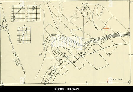 . Luftüberwachung der Golfstrom Phänomene Virginia Umhänge, Oktober 1968 - Mai 1969. Ozeanographie. Abbildung 5. Oberfläche Isothermen 12. Mai Xjtf^, *J" VV^. Bitte beachten Sie, dass diese Bilder sind von der gescannten Seite Bilder, die digital für die Lesbarkeit verbessert haben mögen - Färbung und Aussehen dieser Abbildungen können nicht perfekt dem Original ähneln. extrahiert. Fisher, Alwan; Gotthardt, Gerald A. in Washington, D.C.: US Naval Oceanographic Office Stockfoto