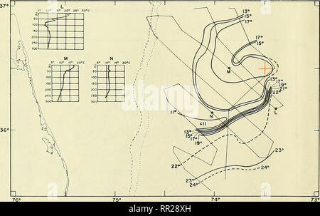 . Luftüberwachung der Golfstrom Phänomene Virginia Umhänge, Oktober 1968 - Mai 1969. Ozeanographie. c^^^^^ (^^i iUu-Fischerei Abbildung 3. Oberfläche Isothermen 9. April^^^. Ich bin.c" *** 12. Bitte beachten Sie, dass diese Bilder sind von der gescannten Seite Bilder, die digital für die Lesbarkeit verbessert haben mögen - Färbung und Aussehen dieser Abbildungen können nicht perfekt dem Original ähneln. extrahiert. Fisher, Alwan; Gotthardt, Gerald A. in Washington, D.C.: US Naval Oceanographic Office Stockfoto