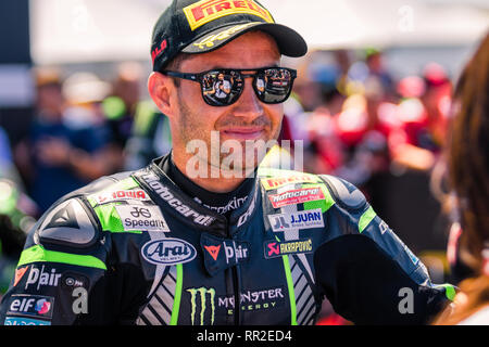 Melbourne, Australien. 24 Feb, 2019. MELBOURNE, AUSTRALIEN - 24. Februar: Leon Haslam 91 Reiten für Kawasaki Racing Team WorldSBK nimmt Platz 3 auf der World Superbike TISSOT Superpole Rennen während der 2019 MOTUL FIM Superbike Weltmeisterschaft auf Phillip Island, Australien, am 24. Februar 2019. Credit: Dave Hewison Sport/Alamy leben Nachrichten Stockfoto