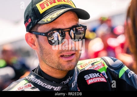 Melbourne, Australien. 24 Feb, 2019. MELBOURNE, AUSTRALIEN - 24. Februar: Leon Haslam 91 Reiten für Kawasaki Racing Team WorldSBK nimmt Platz 3 auf der World Superbike TISSOT Superpole Rennen während der 2019 MOTUL FIM Superbike Weltmeisterschaft auf Phillip Island, Australien, am 24. Februar 2019. Credit: Dave Hewison Sport/Alamy leben Nachrichten Stockfoto