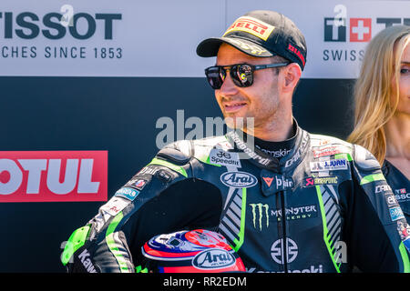 Melbourne, Australien. 24 Feb, 2019. MELBOURNE, AUSTRALIEN - 24. Februar: Leon Haslam 91 Reiten für Kawasaki Racing Team WorldSBK nimmt Platz 3 auf der World Superbike TISSOT Superpole Rennen während der 2019 MOTUL FIM Superbike Weltmeisterschaft auf Phillip Island, Australien, am 24. Februar 2019. Credit: Dave Hewison Sport/Alamy leben Nachrichten Stockfoto