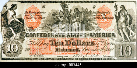 Real 1861 Konföderierten zehn Dollar gefälschte Rechnung durch den Norden im Amerikanischen Bürgerkrieg Zeiten. Stockfoto