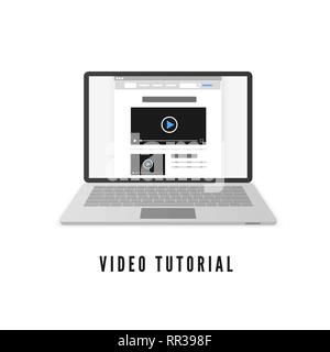 Video tutorial. Laptop mit Webseite auf dem Monitor. Vector Illustration auf weißem Hintergrund Stock Vektor
