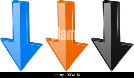 Farbige Pfeile. Glänzend 3D DOWN Web Icons Stock Vektor