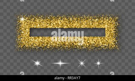 Gold Glitzer Rahmen mit milden Schatten isoliert auf Transparenten Hintergrund. Abstrakte glänzende Textur rechteckigen Rand. Golden Explosion von Konfetti. Vect Stock Vektor