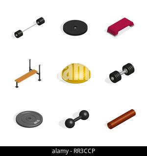 Einstellen des Sports Equipment. Elements Design für einen Fitnessraum und einen Fitnessraum. Isometrische 3D-Stil, Vector Illustration. Stock Vektor