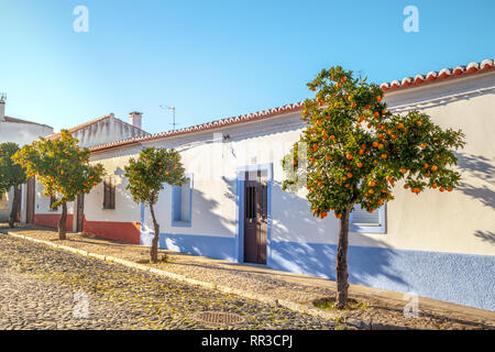 Orange Bäume Allley in der bunten Stadt Mourao im sonnigen Alentejo Portugal Stockfoto