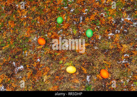 Bunte Ostereier auf dem Boden Stockfoto