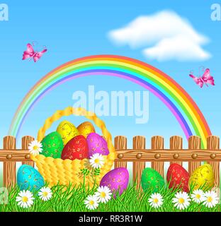 Ostereier mit dekorativen goldenen Ornament auf grünem Gras und Korb mit Ostereiern gegen Holzzaun und Rainbow Stock Vektor