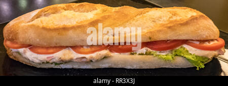 Lange knuspriges Baguette mit Thunfisch Salat mit Tomaten in Panorama banner Format Stockfoto