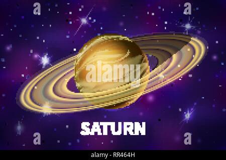 Helle realistische Saturn Planet auf bunten Deep Space Hintergrund mit helle Sterne und Sternbilder Stock Vektor