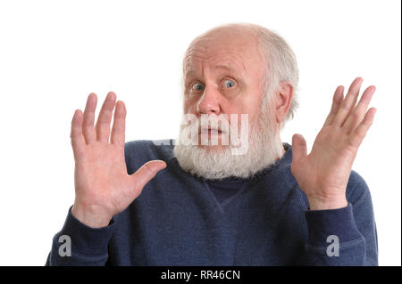 Alter Mann zeigt seine leeren Handflächen isoliert auf weißem Stockfoto